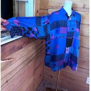 Vintage 100% Silk Long Sleeve Button up Shirt XL Purple Blue Geometric Fission